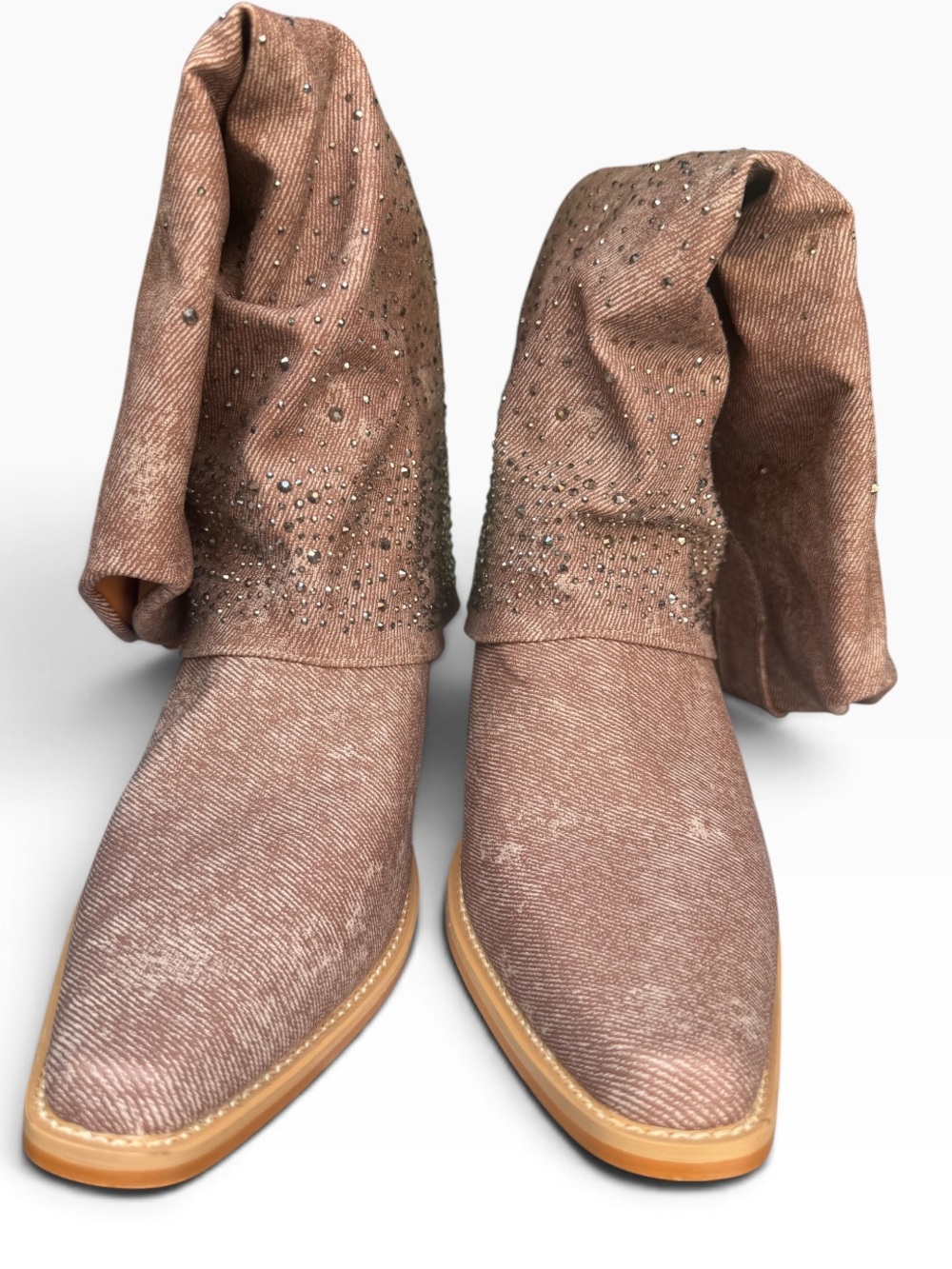 FIFSY Rhinestone Denim Fold-Over Cowgirl Boots Mocha Slouchy Western Bling 9.5 - Picture 4 of 11